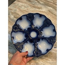 Limoges Flow Blue Porcelain Oyster Plate Scalloped 6 Well Gold Accents France picture