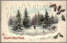 New Year's Winter Woods Scene Holly Embossed c1900s-10s Postcard picture