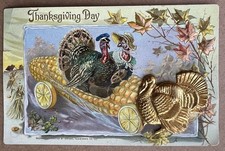 Antique Raphael Tuck Thanksgiving Postcard 175 Metallic Turkey Corn Cob Car picture