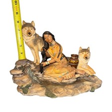 Native American Woman Figurine with Wolves on Rocky Base picture