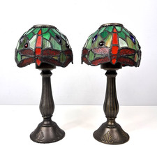 Stained Slag Glass Tiffany Style Shade Dragonfly Tealight Candle Lamp Set of 2 picture
