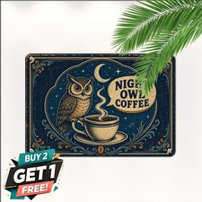 Night Owl Cafe Midnight Coffee Cup Crescent Stars Retro Metal Tin Sign picture