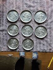 Vintage Small Hammered Aluminum Coaster/Tray Floral Roses Pattern SET Of 8 picture
