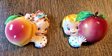 Vintage RARE PY Miyao Japan wall pocket girl w/peach & boy w/apple 1950s ceramic picture