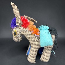 Vintage Mexican Folk Art Woven Wool Burro Donkey Figurine Colorful Yarn Pom Poms picture