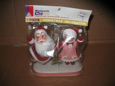 VTG Flocked Santa & Mrs. Claus Holding Hands Waving Felt Figurine In Org Package picture