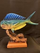 Mahi-Mahi Dolphin Fish Hand Carved Hand Painted Art Piece On Driftwood. Signed picture