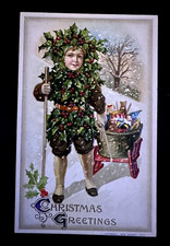 RARE~Winsch ~Christmas Boy in Holly Suit with Toys~Sled~Antique Fantasy Postcard picture