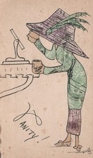 Antique Stamp Collage Postcard Vanity Lady Hand Drawn Ink Illustration Folk Art picture