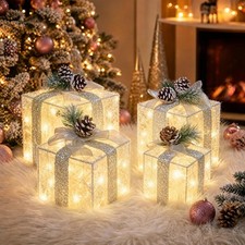 4 Pack Christmas Lighted Gift Boxes – Battery Operated, Timer, Warm White picture