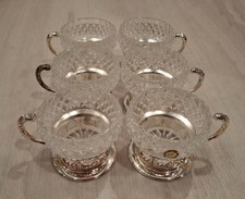 LOT OF (6) Vtg Hollywood Regency Diamond Cut Glass Cup Set ORNATE GOLD BASE +BOX picture