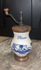 Porcelain & Wood  Blue& White Pepper Mill Grinder Floral Design Vintage picture