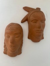 Pair Of Vintage Frankoma Native American Figurative Heads Wall Hangings picture