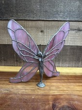 Flaw-Vintage Lead Pewter Fairy with Pink  Stained Glass Wings -read picture
