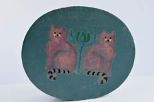 VTG Hand Painted Oval Shaker Style Wood Feline Folk Art Box picture