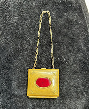 Vintage Gold Tone Square Hinged Compact Purse w/ Chain, Red Oval Cabochon picture