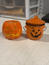 VTG 2 1990’s Halloween Pumpkin Small Ceramic & Metal Candke Holders W/ Candle picture