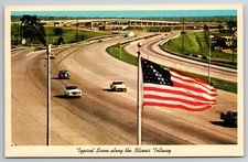 Illinois, Tollway, Aerial View, 50s Cars, American Flag, Vintage Postcard picture