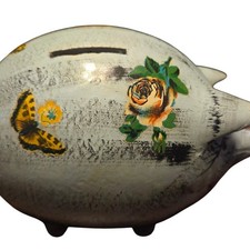 Piggy Bank  Small White Vintage Floral Butterfly Coin Bank Damage See Photos picture