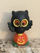 Vintage 1976 Hallmark Merry Miniature Halloween Owl On Jack-O'-Lantern Pumpkin picture