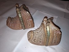 Antique Chilean Carved Wood Box Stirrups Pair Ornate Silver Inlay Western picture