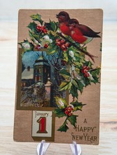 Antique Embossed New Year's Postcard – Divided Back Era, Birds in Tree picture