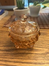 Jeanette Pink Cube Depression Glass Footed Covered Powder Jar picture