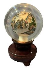 Chinese Reverse Hand Painted Glass Globe 7” Tall, Rotating Wood Base picture