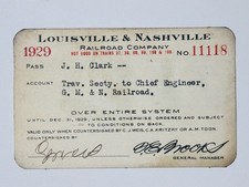 VINTAGE RAILWAY PASS: 1929 - LOUISVILLE & NASHVILLE RAILROAD - J. H. Clark picture