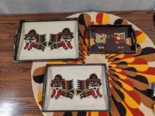Set of 3 Vintage Peru Hand Painted Wood Trays Signed Hoyos G Andean Folk Art picture