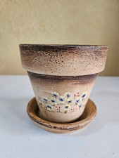 Art Studio Pottery Planter W/Underplate Handpainted Flowers Signed Distressed picture