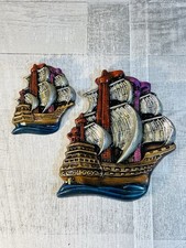 Set of 2 VTG 1964 Miller Studio Chalkware Pirate Ship Wall Decor Nautical Colors picture