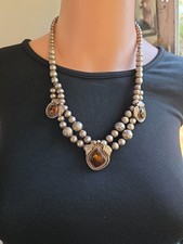 Vintage Navajo HJJ Sterling Silver Pearl Multi-Strand Fire Agate Statement... picture