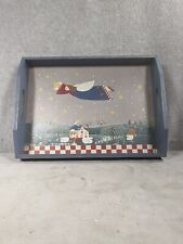 Folk Art Hand Painted Tray With Angel Holding a Star Flying Over Country Scene picture
