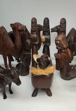Vintage West African Nativity Scene Hand Crafted From Rich Regional Wood 15 Pc picture