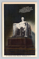 Postcard Lincoln Memorial Statue in Washington DC, Vintage Linen N20 picture