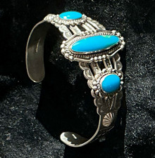 Vintage Navajo Jack Adakai Sterling Silver Turquoise Cuff Bracelet picture