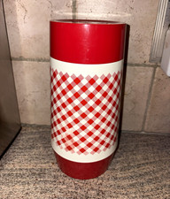 vintage Thermo-Serv insulated tumbler by West Bend featuring a red-and-white picture