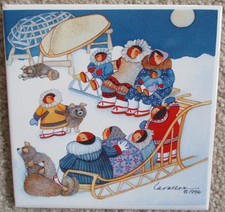Vtg 1996 Barbara Lavallee Ceramic Tile Eskimo Woman Children Sled Dogs Signed picture