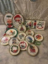 Vtg 70s Handmade Cross Stitch Christmas Ornaments Set of 16 Retro Holiday Decor picture