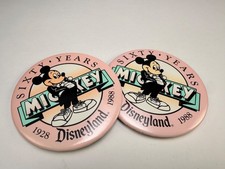 2 Disneyland Mickey Mouse 60th Anniversary Logo Button Pins Vintage picture