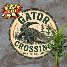 Alligator Crossing Danger Warning Round Metal Sign Weatherproof Decor 8x8 picture