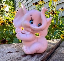 Vintage Pink Elephant Figurine Bisque Ceramic Blue Eyes Japan Mid Century Kitsch picture