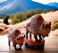 Vintage Hand-Carved Ironwood Set of 2 Bison Buffalo 6x5x2.5 & 4x3.5x2 Intricate picture