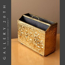 WOW VTG ENGLISH BRASS RELIEF FRIEZE MAGAZINE RACK 50'S 60'S MID CENTURY GOLD picture