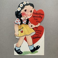 I'm Headin Your Way Girl Heart Daisys Die Cut Mechanical Valentine Card Vintage picture