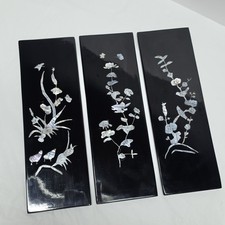 Asian Vintage Set Of 3 Mother of Pearl Inlay Black Lacquer Wooden Wall Panels  picture