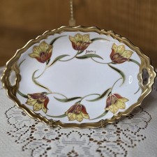 ATQ Signed B & H Limoges France Handpainted Tulips Gold Small Tray Trinket Dish picture