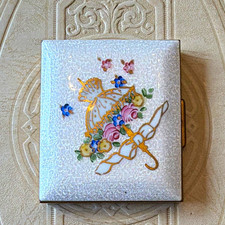 Vintage Floral Handpainted Cloisonné Enamel Goldtone Compact picture