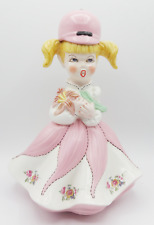 Vintage Bisque Pottery Hand Painted Girl in Dress Floral Flower Figurine Statue picture